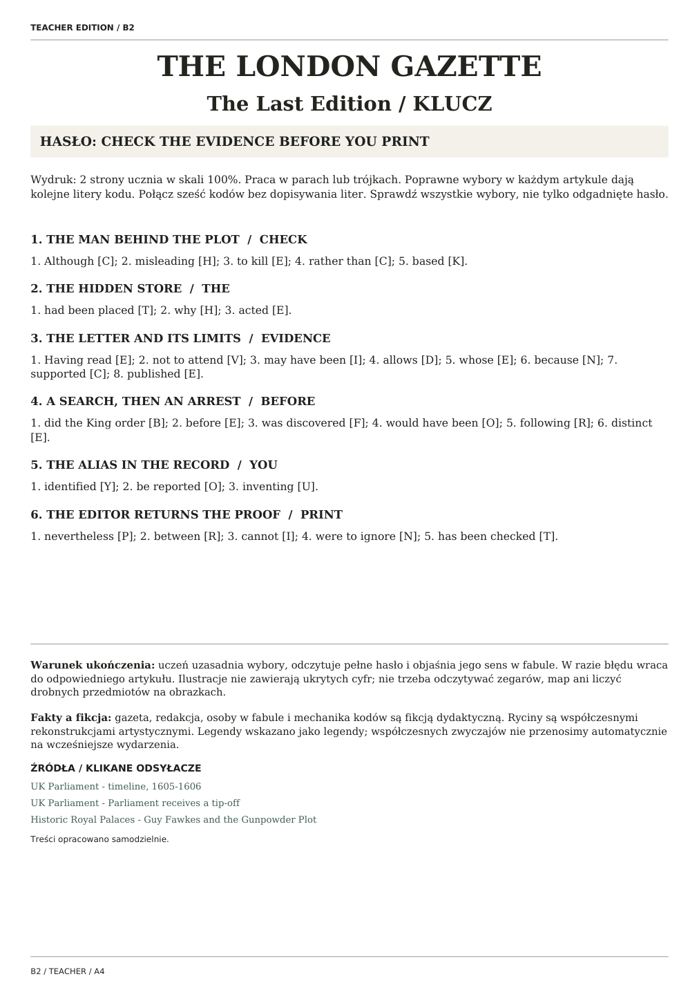 Guy Fawkes Day — The Last Edition, klucz nauczyciela, strona 1 z 1