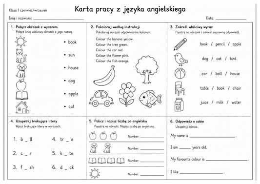 Karty pracy z języka angielskiego czerwiec/wrzesień - klasy 1-8