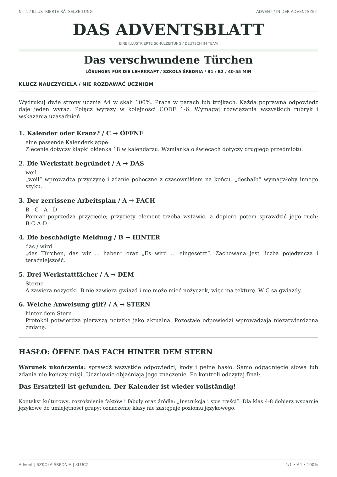 Advent — Das verschwundene Türchen, szkoła średnia, klucz nauczyciela, strona 1 z 1