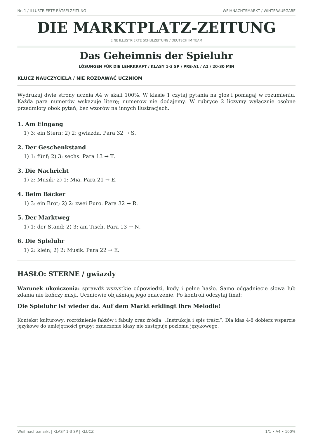 Weihnachtsmarkt — Das Geheimnis der Spieluhr, klasy 1–3, klucz nauczyciela, strona 1 z 1