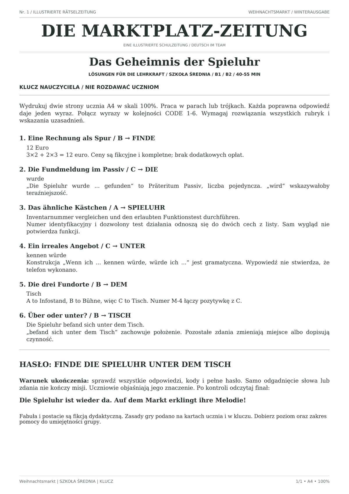 Weihnachtsmarkt — Das Geheimnis der Spieluhr, szkoła średnia, klucz nauczyciela, strona 1 z 1