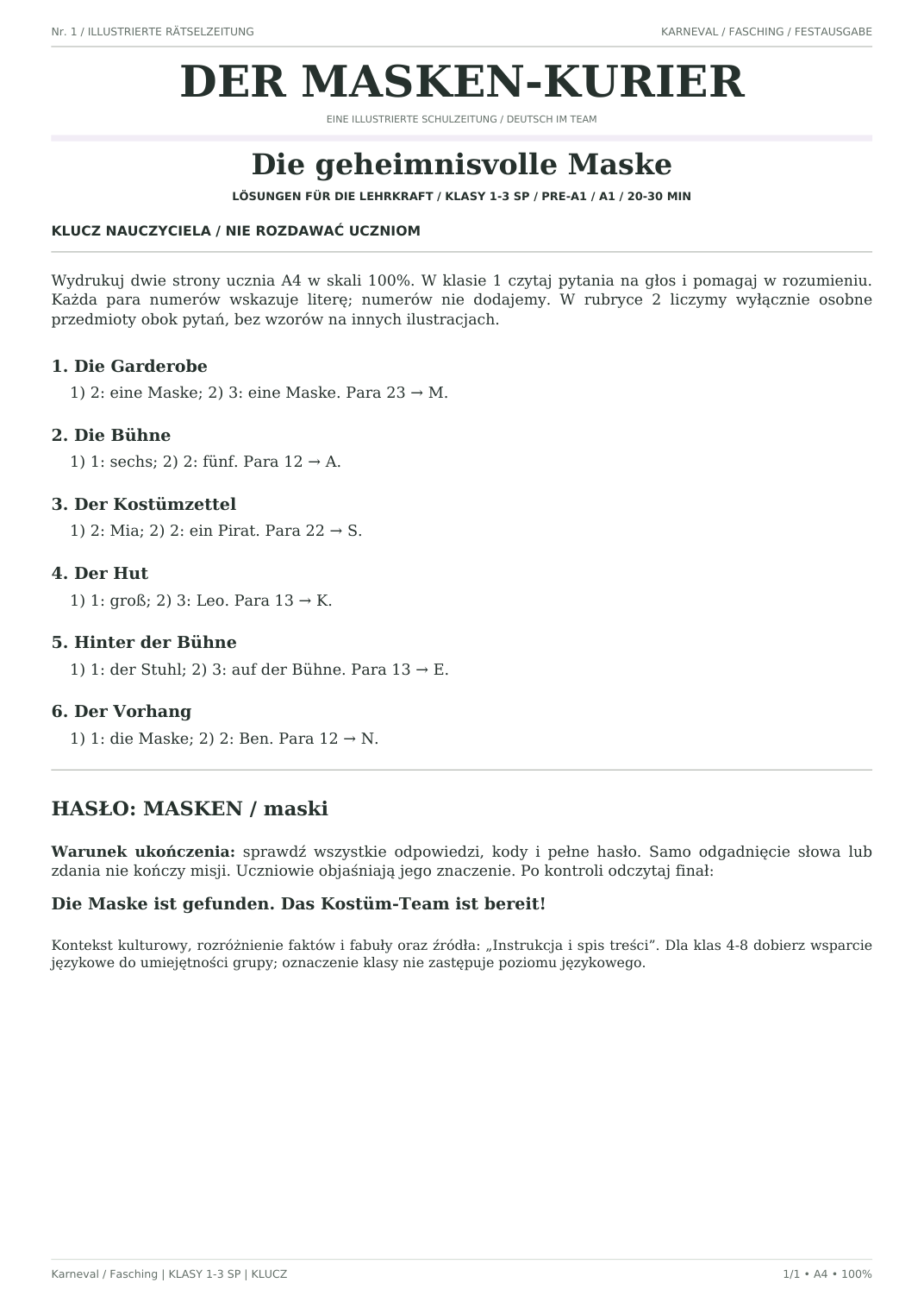 Karneval / Fasching — Die geheimnisvolle Maske, klasy 1–3, klucz nauczyciela, strona 1 z 1