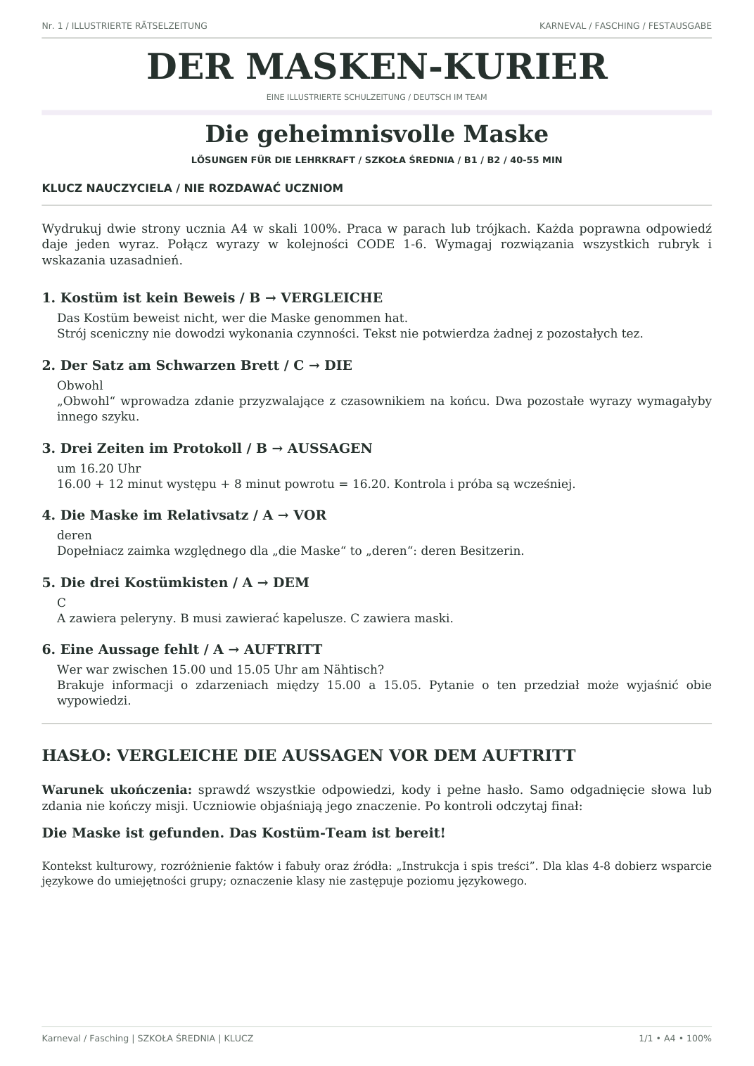 Karneval / Fasching — Die geheimnisvolle Maske, szkoła średnia, klucz nauczyciela, strona 1 z 1