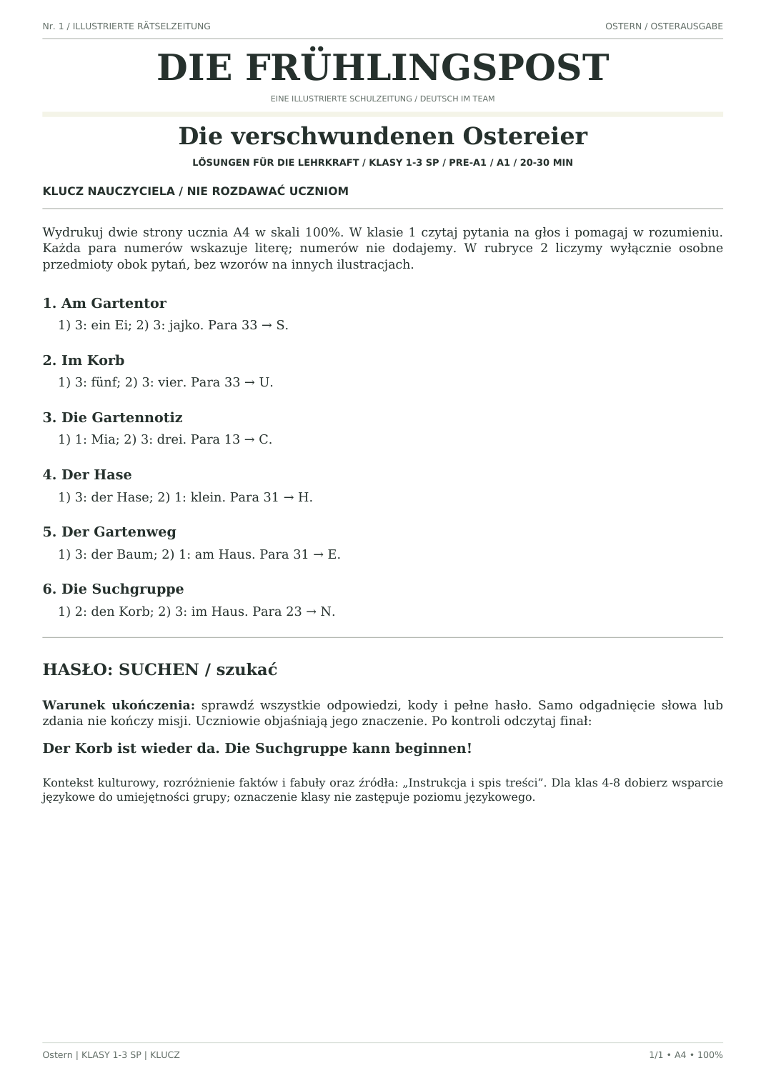 Ostern — Die verschwundenen Ostereier, klasy 1–3, klucz nauczyciela, strona 1 z 1