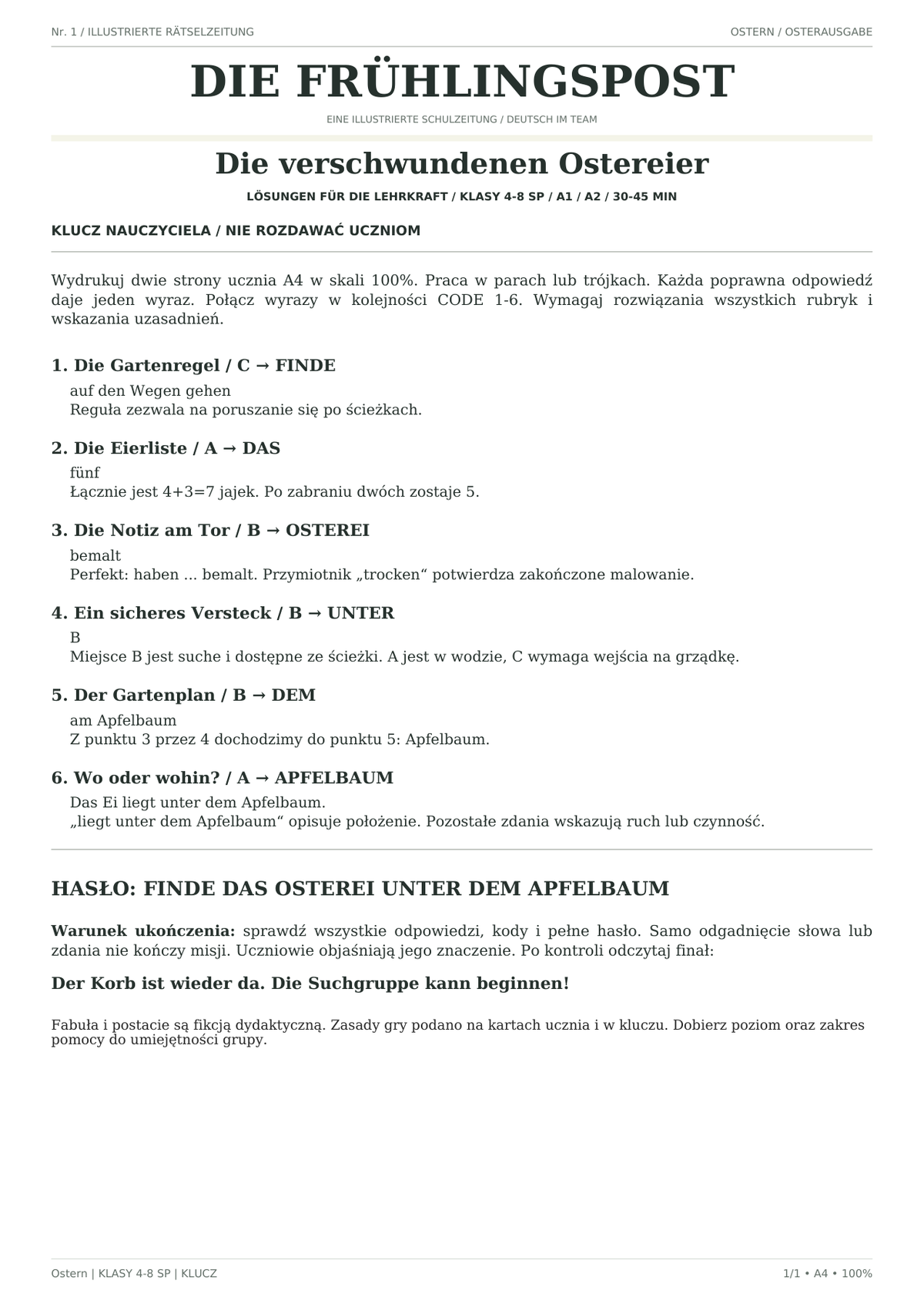 Ostern — Die verschwundenen Ostereier, klasy 4–8, klucz nauczyciela, strona 1 z 1