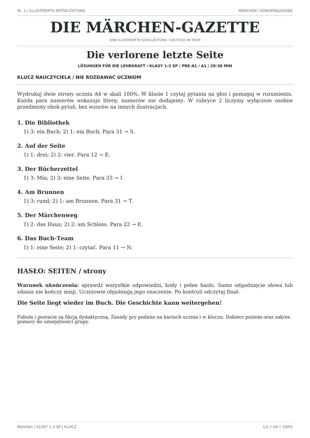 Märchen — Die verlorene letzte Seite, klasy 1–3, klucz nauczyciela, strona 1 z 1
