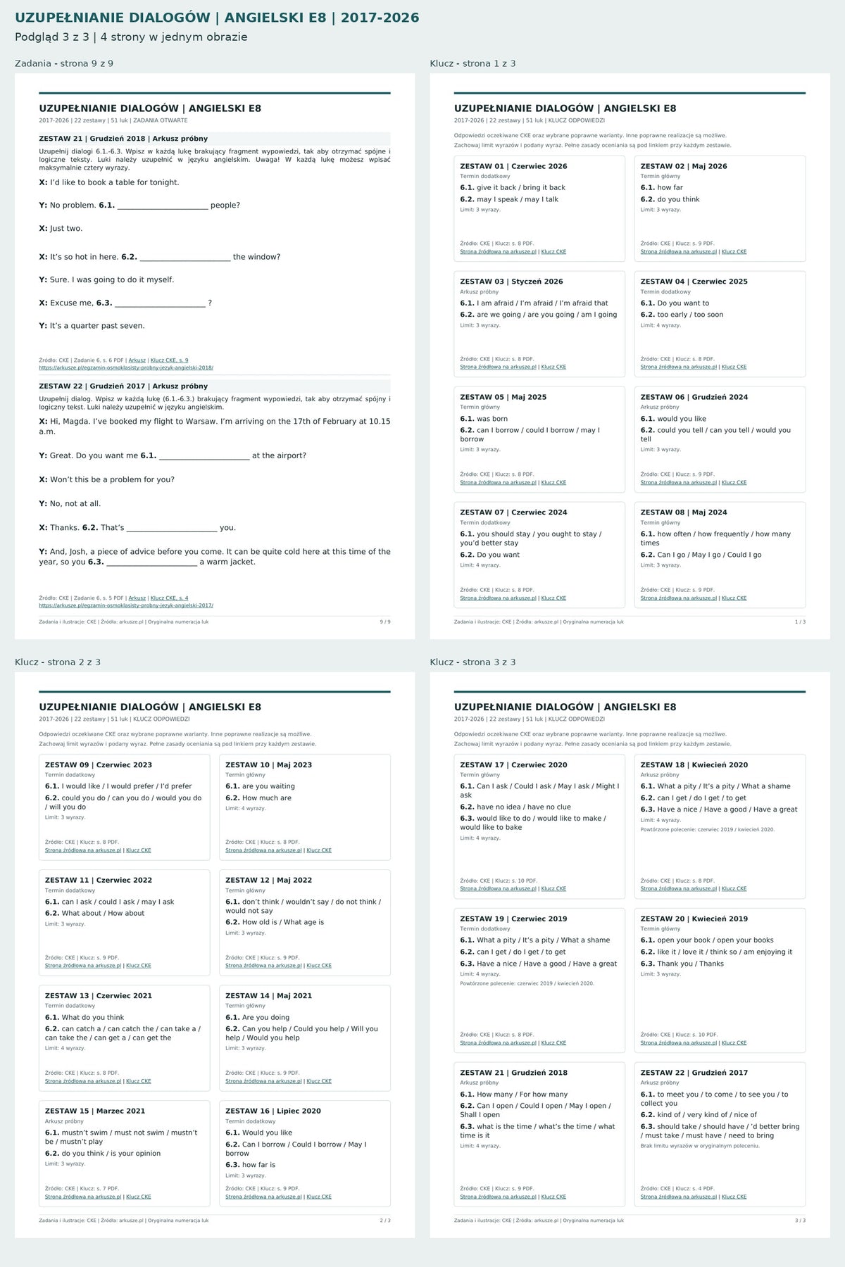Uzupełnianie dialogów - angielski E8. Podgląd 3 z 3: Zadania - strona 9 z 9, Klucz - strona 1 z 3, Klucz - strona 2 z 3, Klucz - strona 3 z 3.