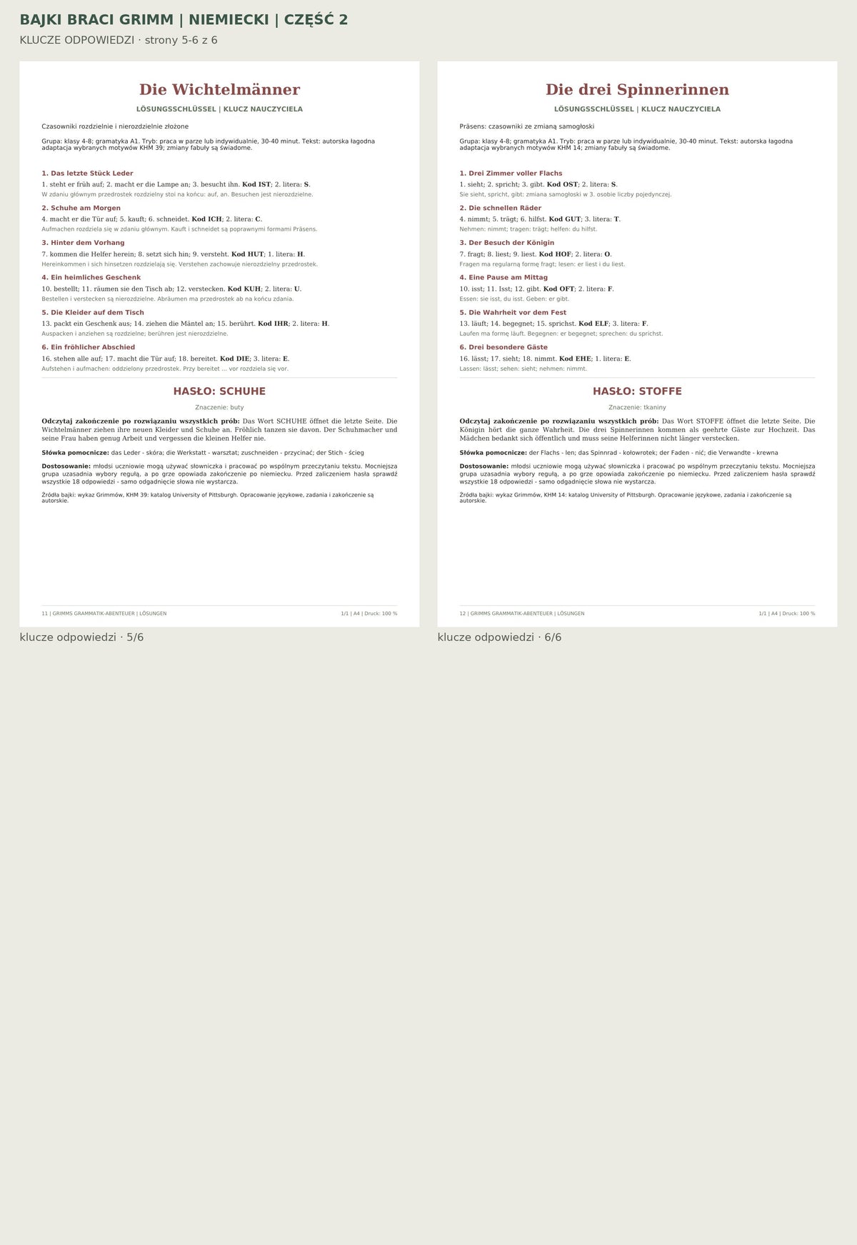 Bajki braci Grimm, część 2, niemiecki. klucze odpowiedzi, strony 5-6 z 6. Rzeczywiste strony PDF.