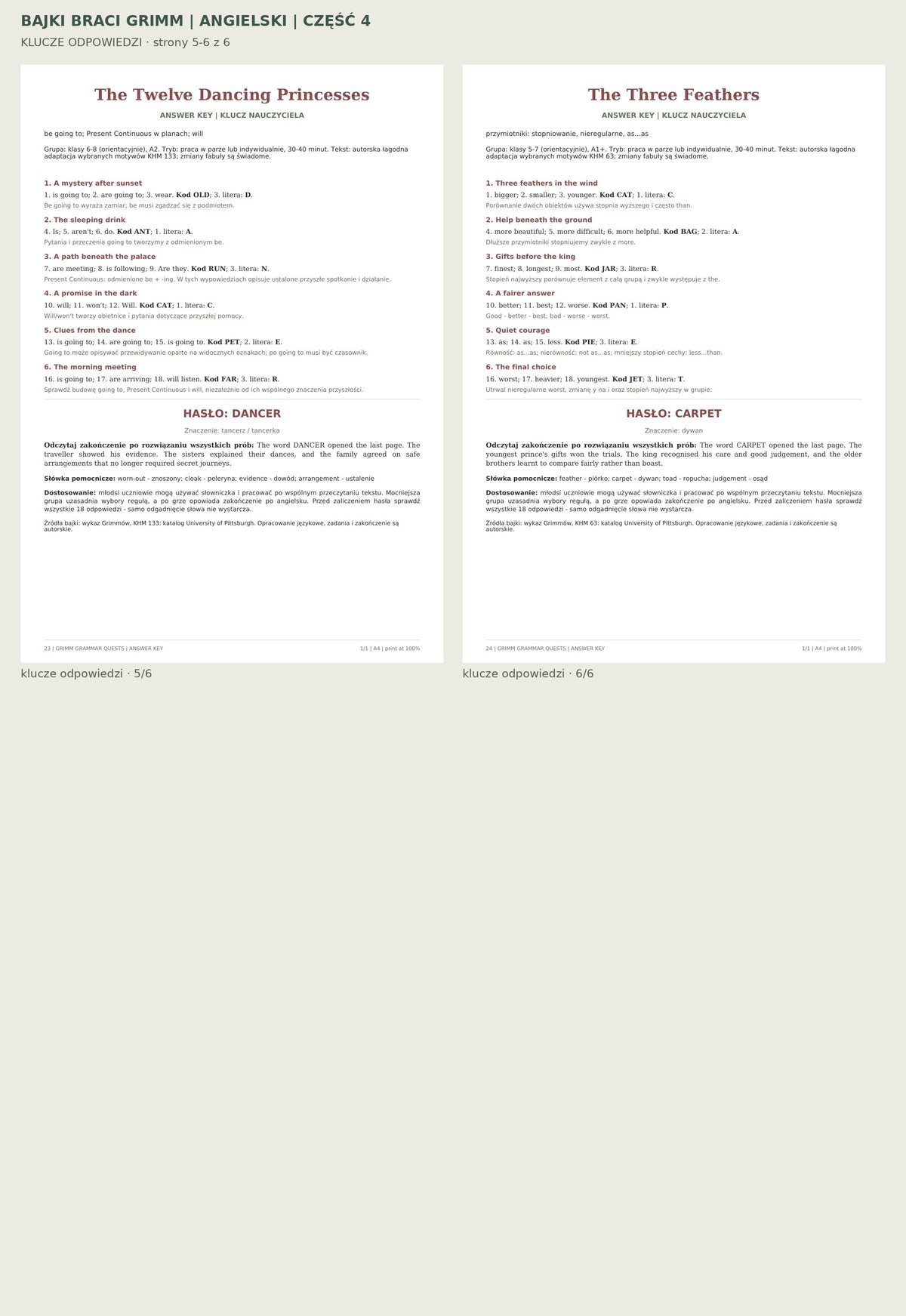 Bajki braci Grimm, część 4, angielski. klucze odpowiedzi, strony 5-6 z 6. Rzeczywiste strony PDF.