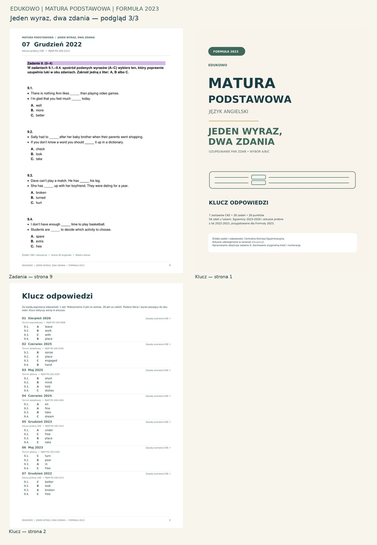 Jeden wyraz, dwa zdania. Podgląd 3/3: Zadania — strona 9; Klucz — strona 1; Klucz — strona 2.