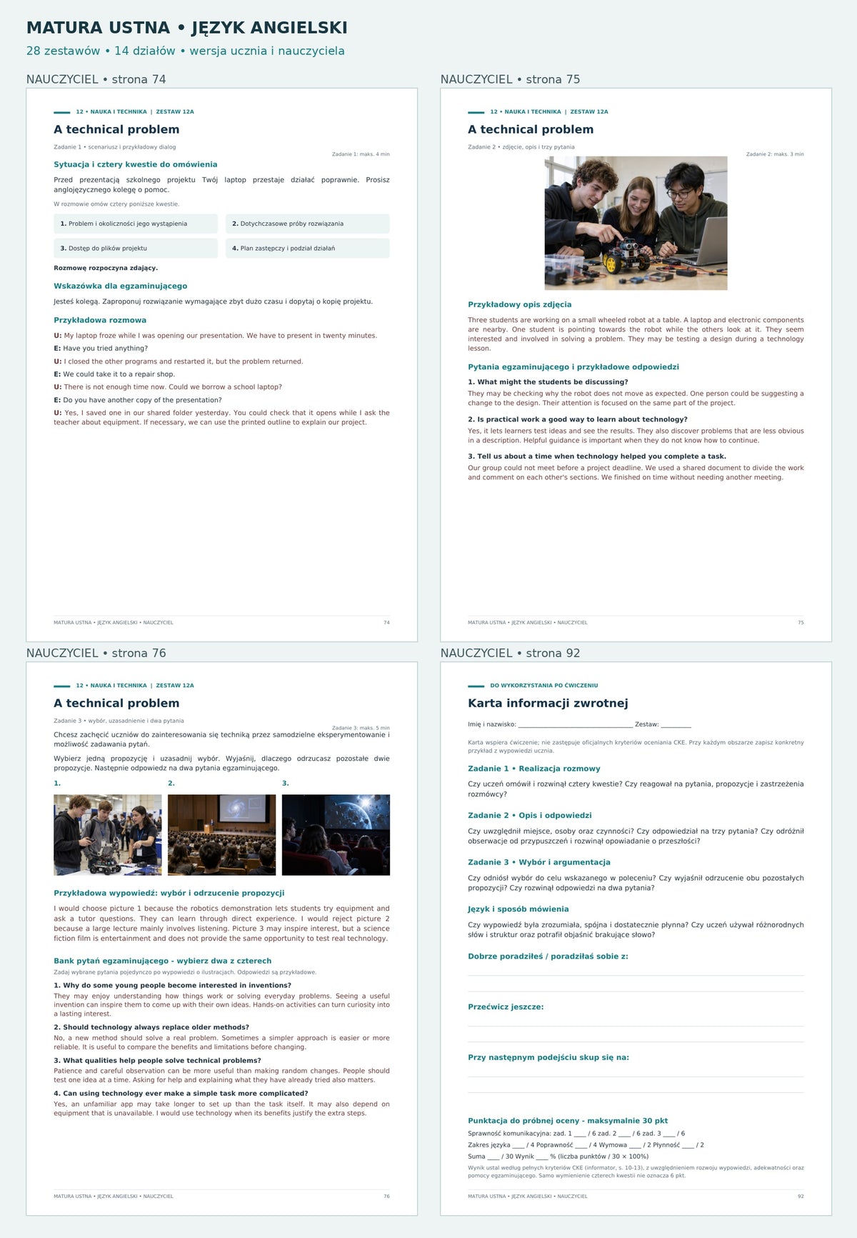 Matura ustna – angielski. Aktualny podgląd 5/5, cztery strony wersji nauczyciela z pytaniami i przykładowymi odpowiedziami.
