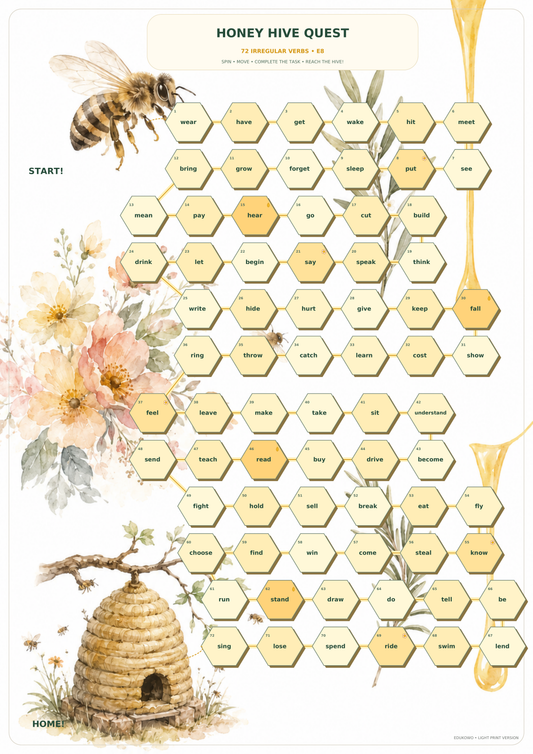 HONEY HIVE QUEST – gra planszowa z czasownikami nieregularnymi