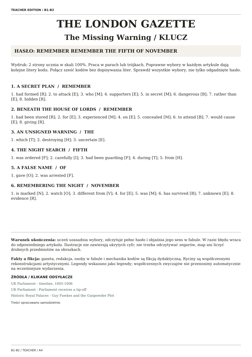 Guy Fawkes Day — The Missing Warning, klucz nauczyciela, strona 1 z 1
