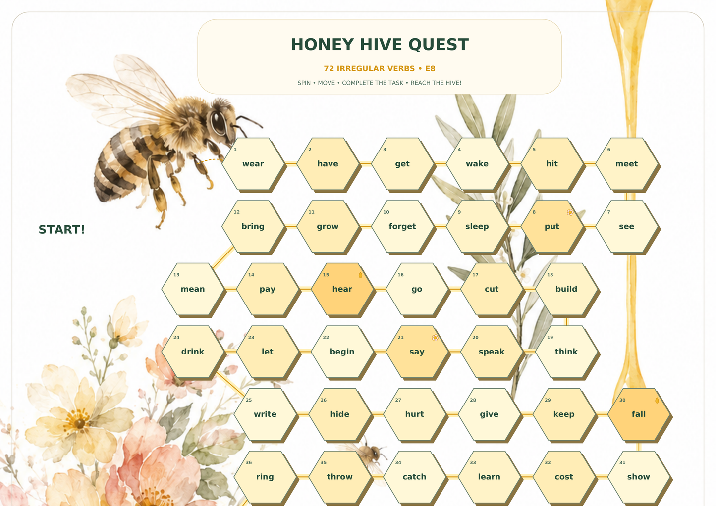 HONEY HIVE QUEST – gra planszowa z czasownikami nieregularnymi