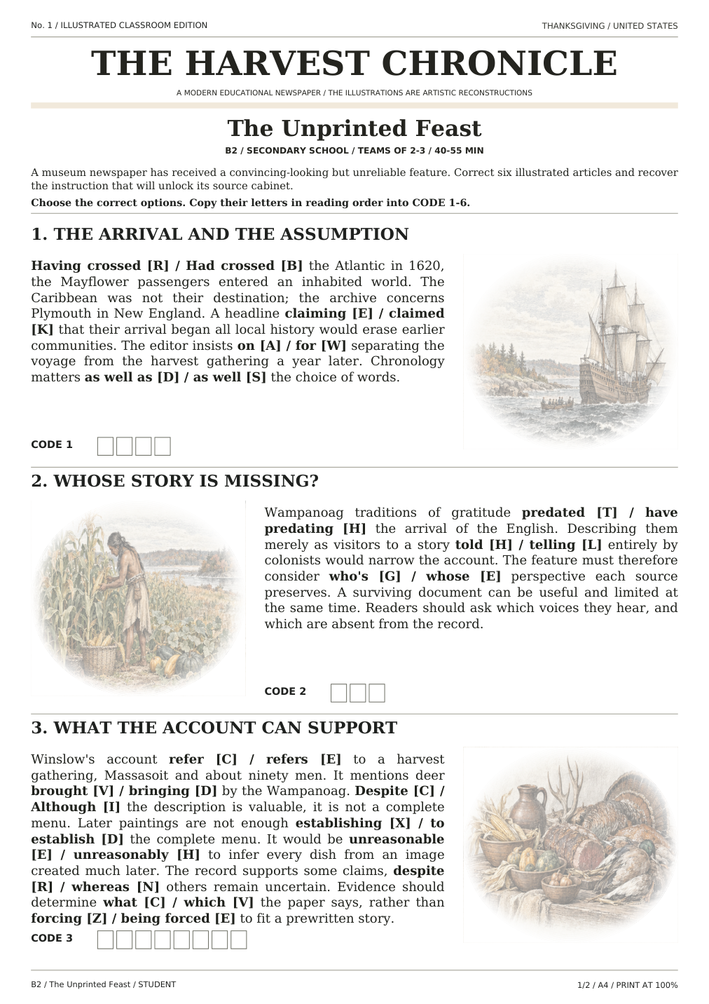 Thanksgiving — The Unprinted Feast, karta ucznia, strona 1 z 2