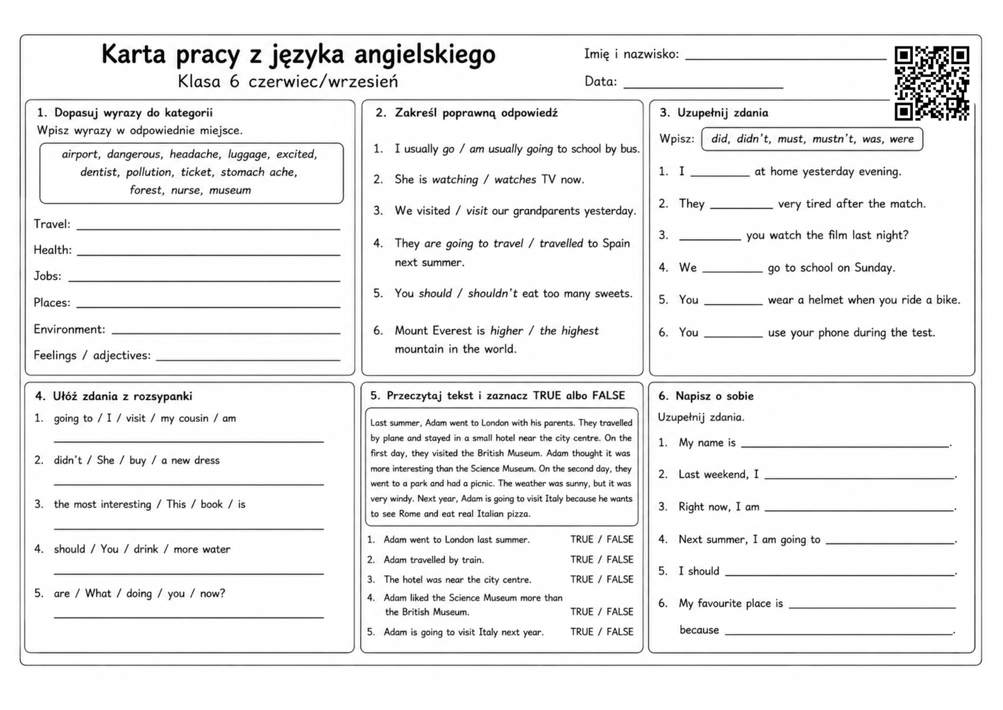 Karty pracy z języka angielskiego czerwiec/wrzesień - klasy 1-8