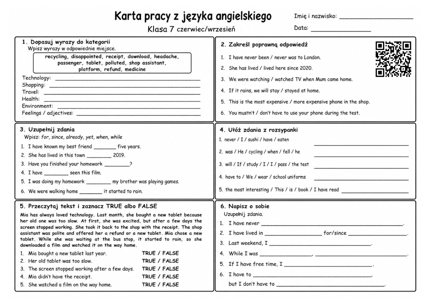 Karty pracy z języka angielskiego czerwiec/wrzesień - klasy 1-8