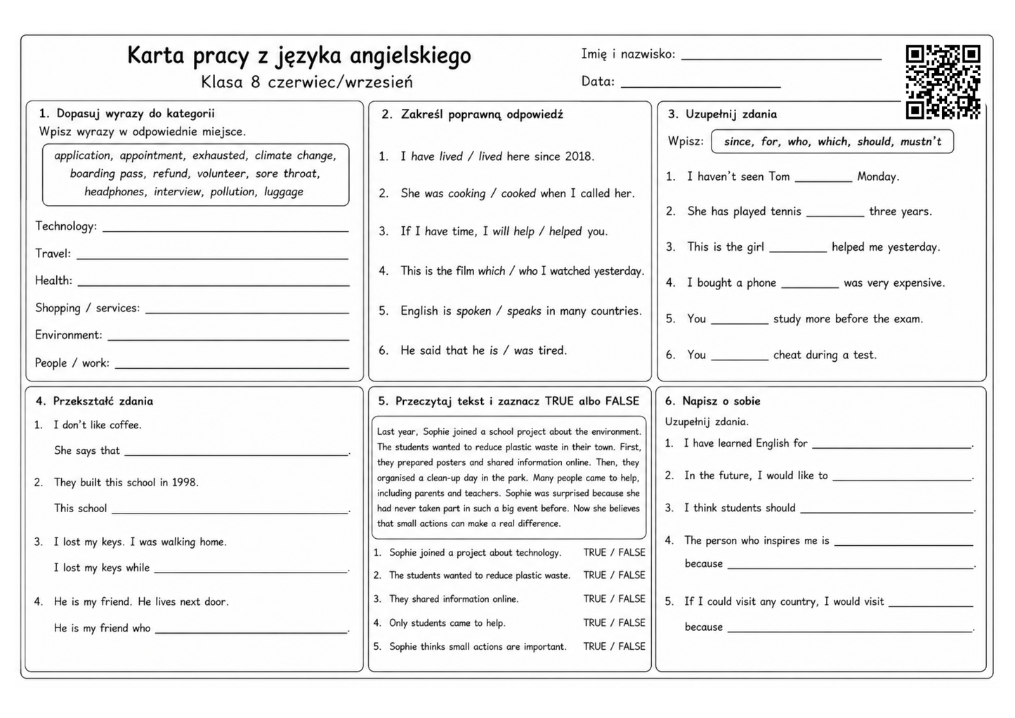 Karty pracy z języka angielskiego czerwiec/wrzesień - klasy 1-8