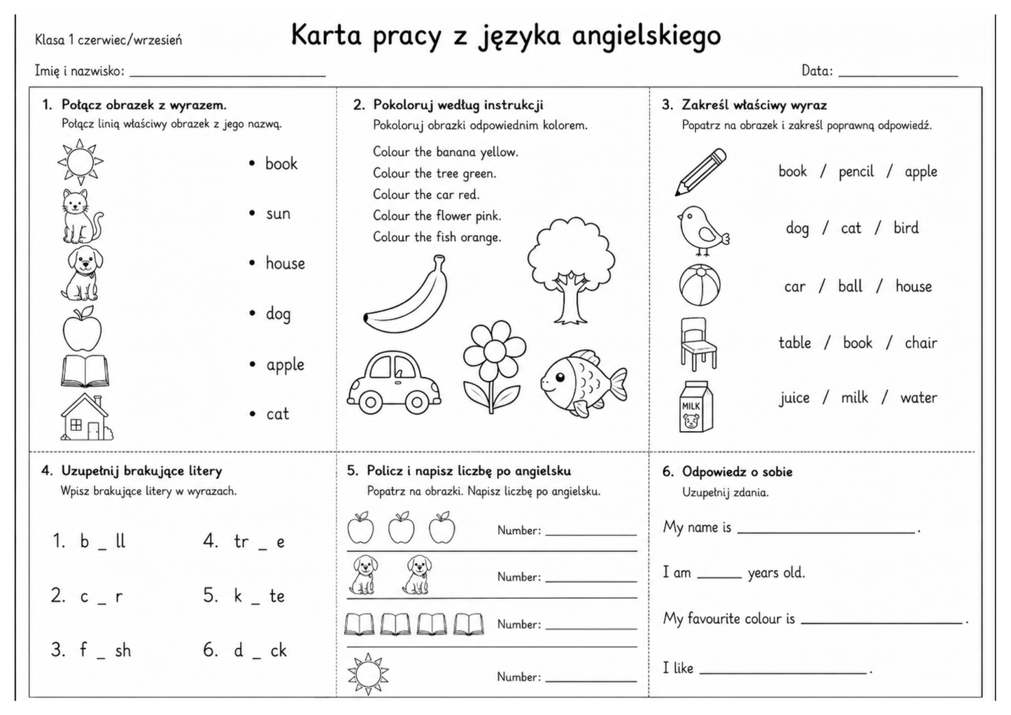 Karty pracy z języka angielskiego czerwiec/wrzesień - klasy 1-8