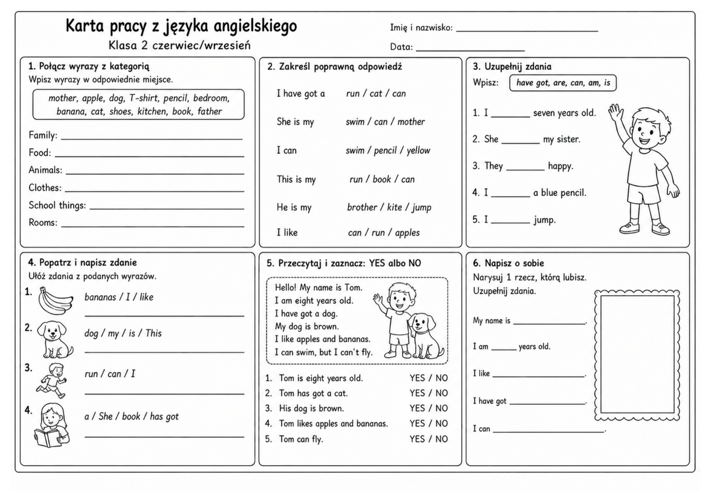 Karty pracy z języka angielskiego czerwiec/wrzesień - klasy 1-8