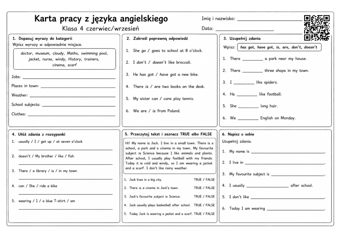 Karty pracy z języka angielskiego czerwiec/wrzesień - klasy 1-8