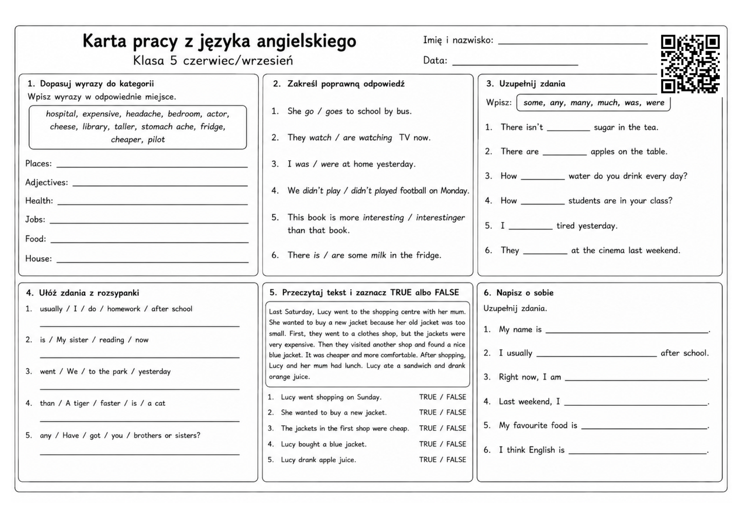 Karty pracy z języka angielskiego czerwiec/wrzesień - klasy 1-8