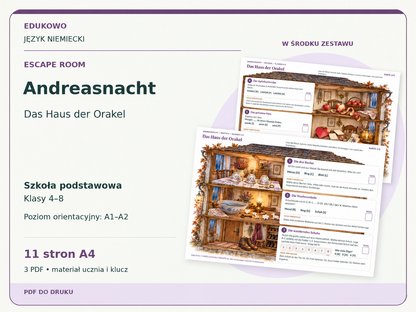 Andreasnacht – Escape room. Język niemiecki. Szkoła podstawowa, klasy 4–8. Poziom orientacyjny A1–A2. 11 stron A4. 3 PDF • materiał ucznia i klucz.