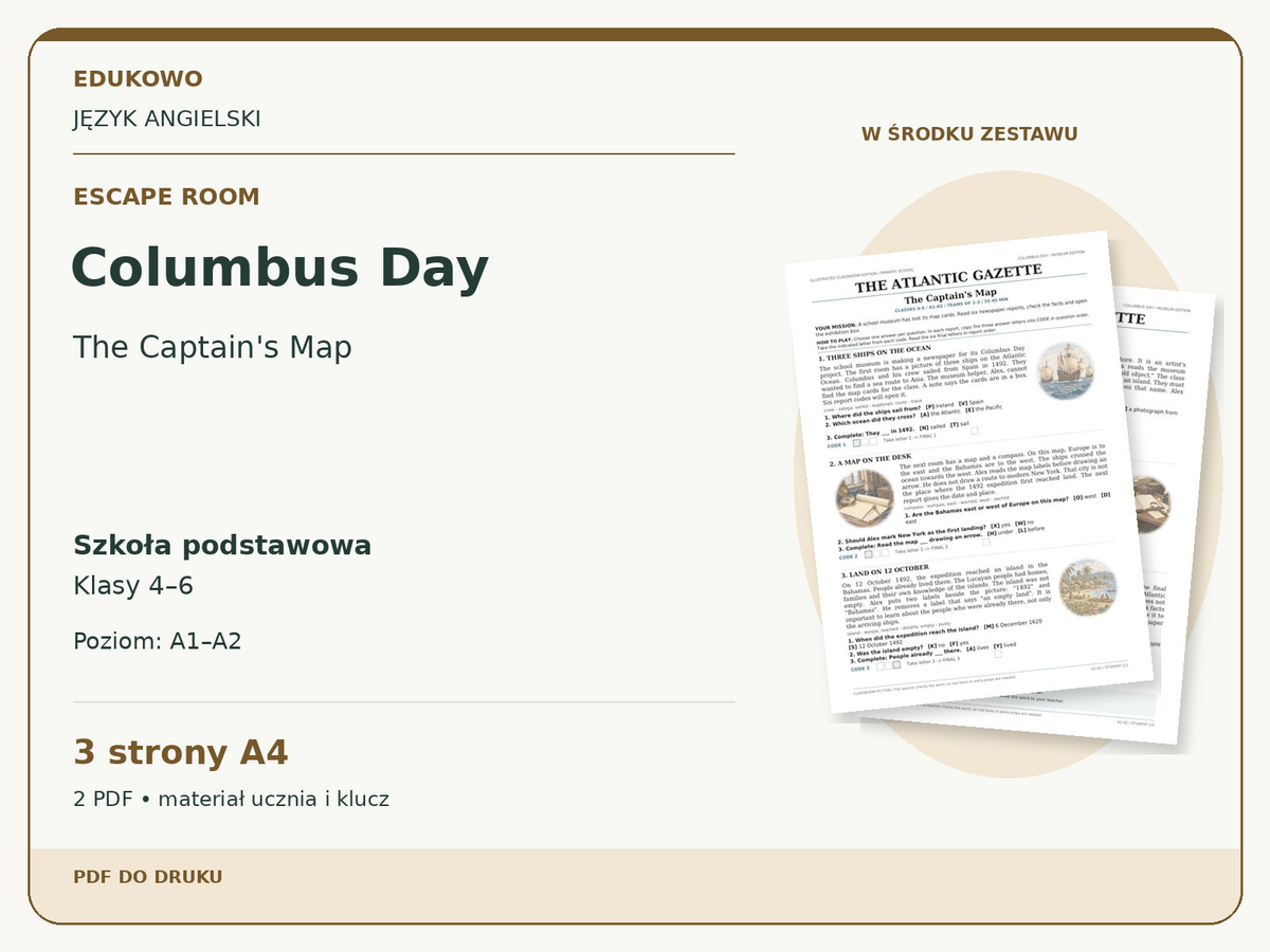 Columbus Day – Escape room. Język angielski. Szkoła podstawowa, klasy 4–6. Poziom A1–A2. 3 strony A4. 2 PDF • materiał ucznia i klucz.