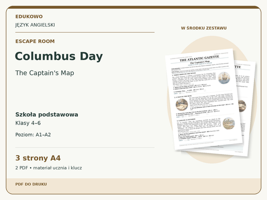 Columbus Day – Escape room. Język angielski. Szkoła podstawowa, klasy 4–6. Poziom A1–A2. 3 strony A4. 2 PDF • materiał ucznia i klucz.