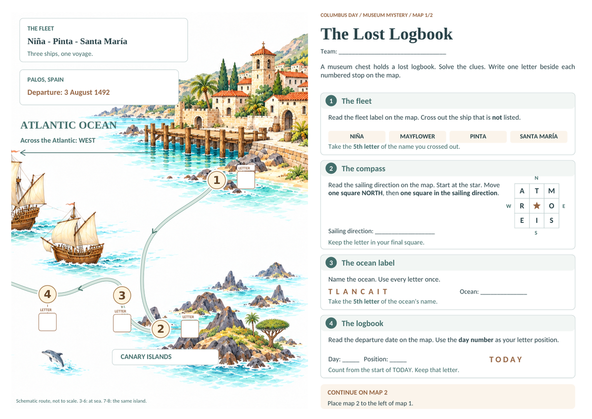 The Lost Logbook – arkusz mapy 1 z zadaniami 1–4 i polami na litery.