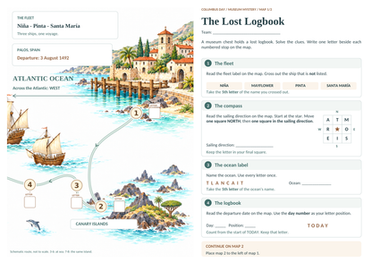 The Lost Logbook – arkusz mapy 1 z zadaniami 1–4 i polami na litery.
