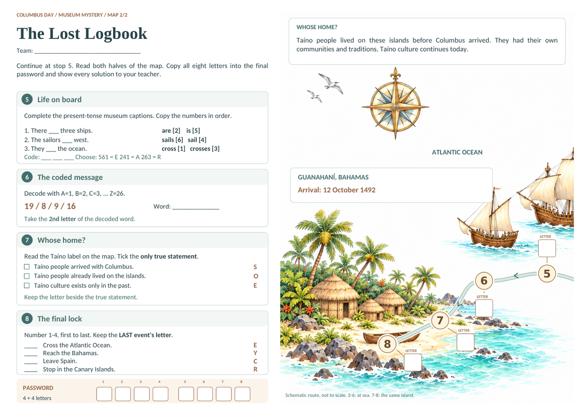 The Lost Logbook – arkusz mapy 2 z zadaniami 5–8 i miejscem na hasło.