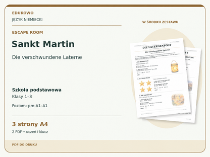 Sankt Martin – Escape room. Język niemiecki. Szkoła podstawowa, klasy 1–3. Poziom pre-A1–A1. 3 strony A4. 2 PDF • uczeń i klucz.