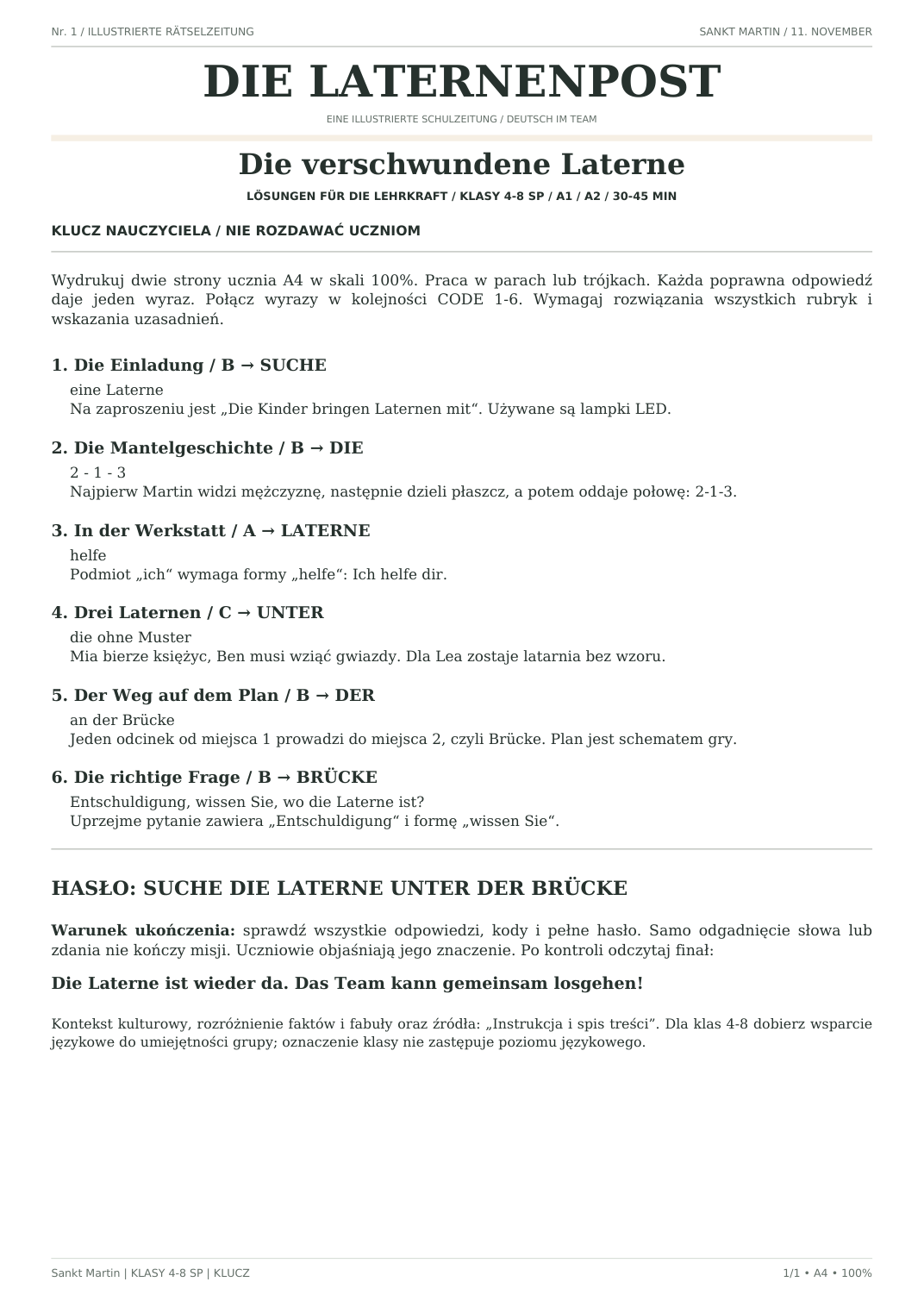 Sankt Martin — Die verschwundene Laterne, klasy 4–8, klucz nauczyciela, strona 1 z 1