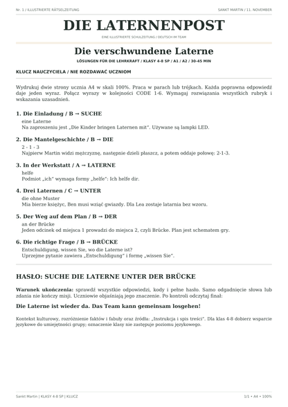 Sankt Martin — Die verschwundene Laterne, klasy 4–8, klucz nauczyciela, strona 1 z 1