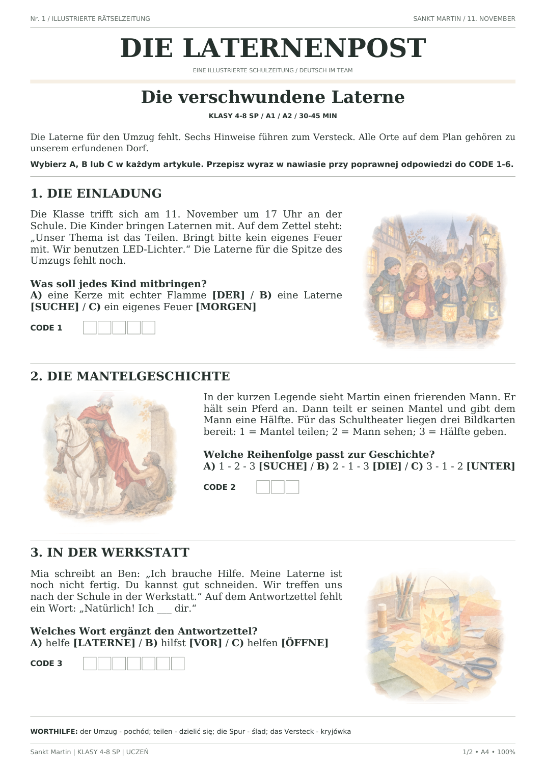 Sankt Martin — Die verschwundene Laterne, klasy 4–8, karta ucznia, strona 1 z 2