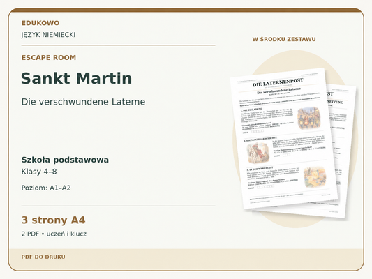 Sankt Martin – Escape room. Język niemiecki. Szkoła podstawowa, klasy 4–8. Poziom A1–A2. 3 strony A4. 2 PDF • uczeń i klucz.