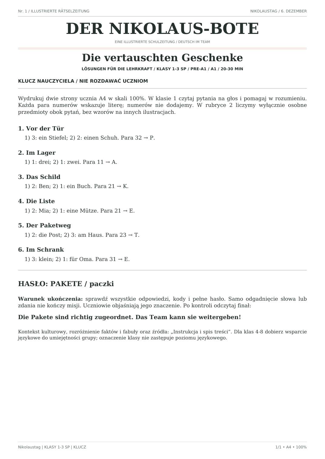 Nikolaustag — Die vertauschten Geschenke, klasy 1–3, klucz nauczyciela, strona 1 z 1