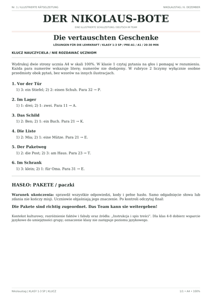 Nikolaustag — Die vertauschten Geschenke, klasy 1–3, klucz nauczyciela, strona 1 z 1