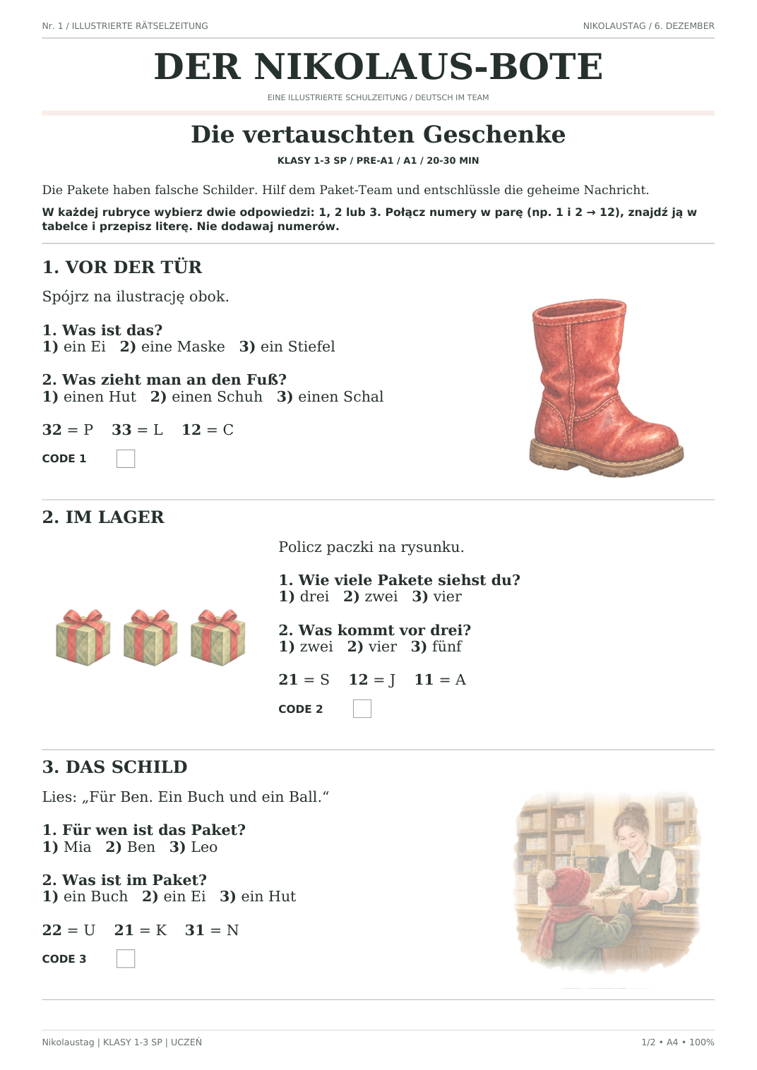 Nikolaustag — Die vertauschten Geschenke, klasy 1–3, karta ucznia, strona 1 z 2