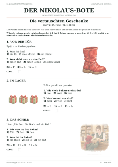 Nikolaustag — Die vertauschten Geschenke, klasy 1–3, karta ucznia, strona 1 z 2