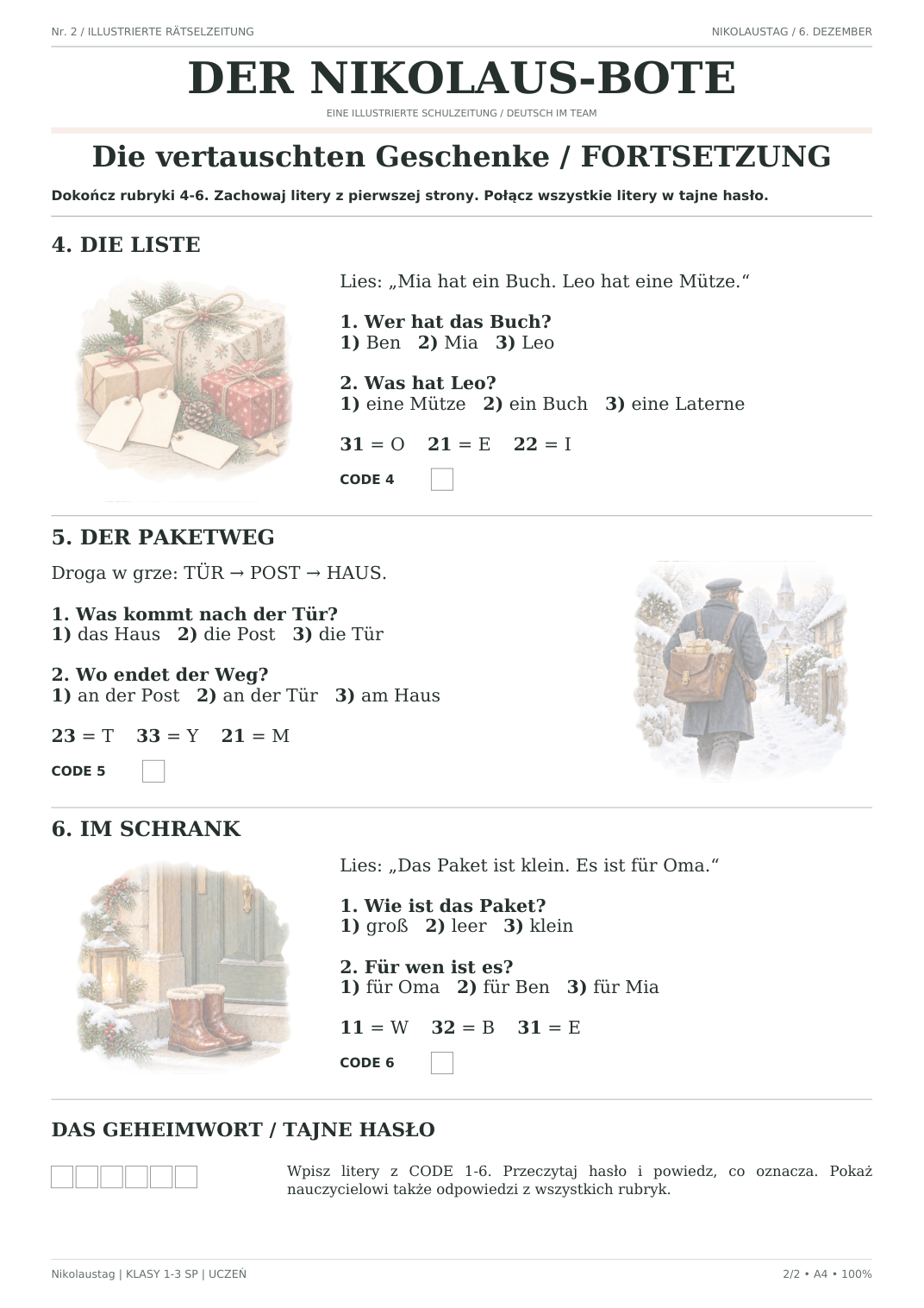 Nikolaustag — Die vertauschten Geschenke, klasy 1–3, karta ucznia, strona 2 z 2
