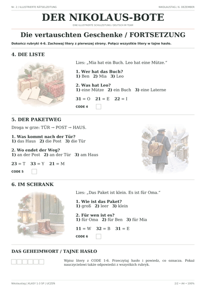Nikolaustag — Die vertauschten Geschenke, klasy 1–3, karta ucznia, strona 2 z 2