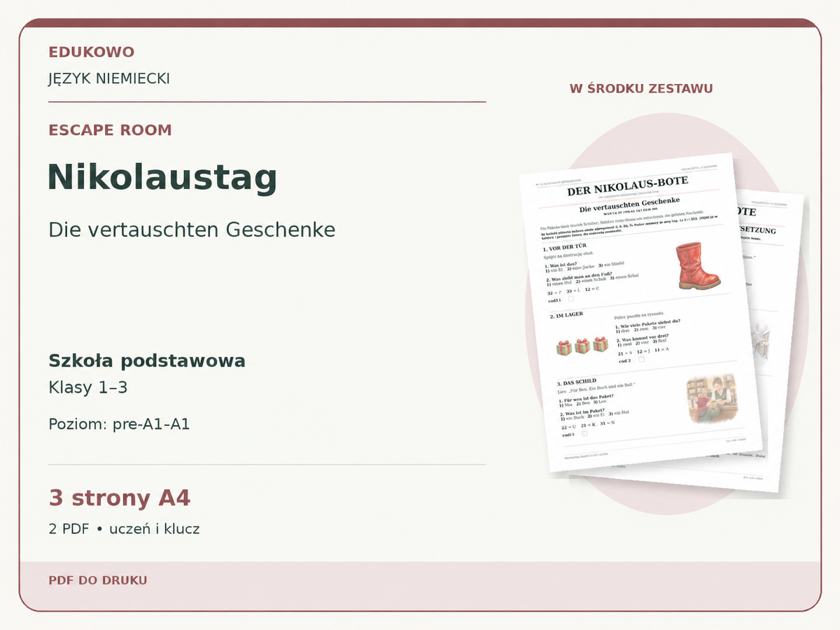Nikolaustag – Escape room. Język niemiecki. Szkoła podstawowa, klasy 1–3. Poziom pre-A1–A1. 3 strony A4. 2 PDF • uczeń i klucz.