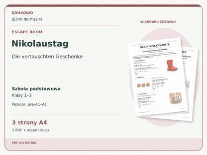 Nikolaustag – Escape room. Język niemiecki. Szkoła podstawowa, klasy 1–3. Poziom pre-A1–A1. 3 strony A4. 2 PDF • uczeń i klucz.