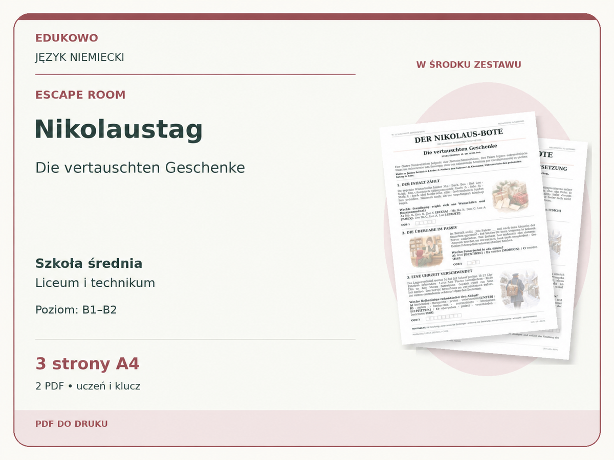 Nikolaustag – Escape room. Język niemiecki. Szkoła średnia, liceum i technikum. Poziom B1–B2. 3 strony A4. 2 PDF • uczeń i klucz.