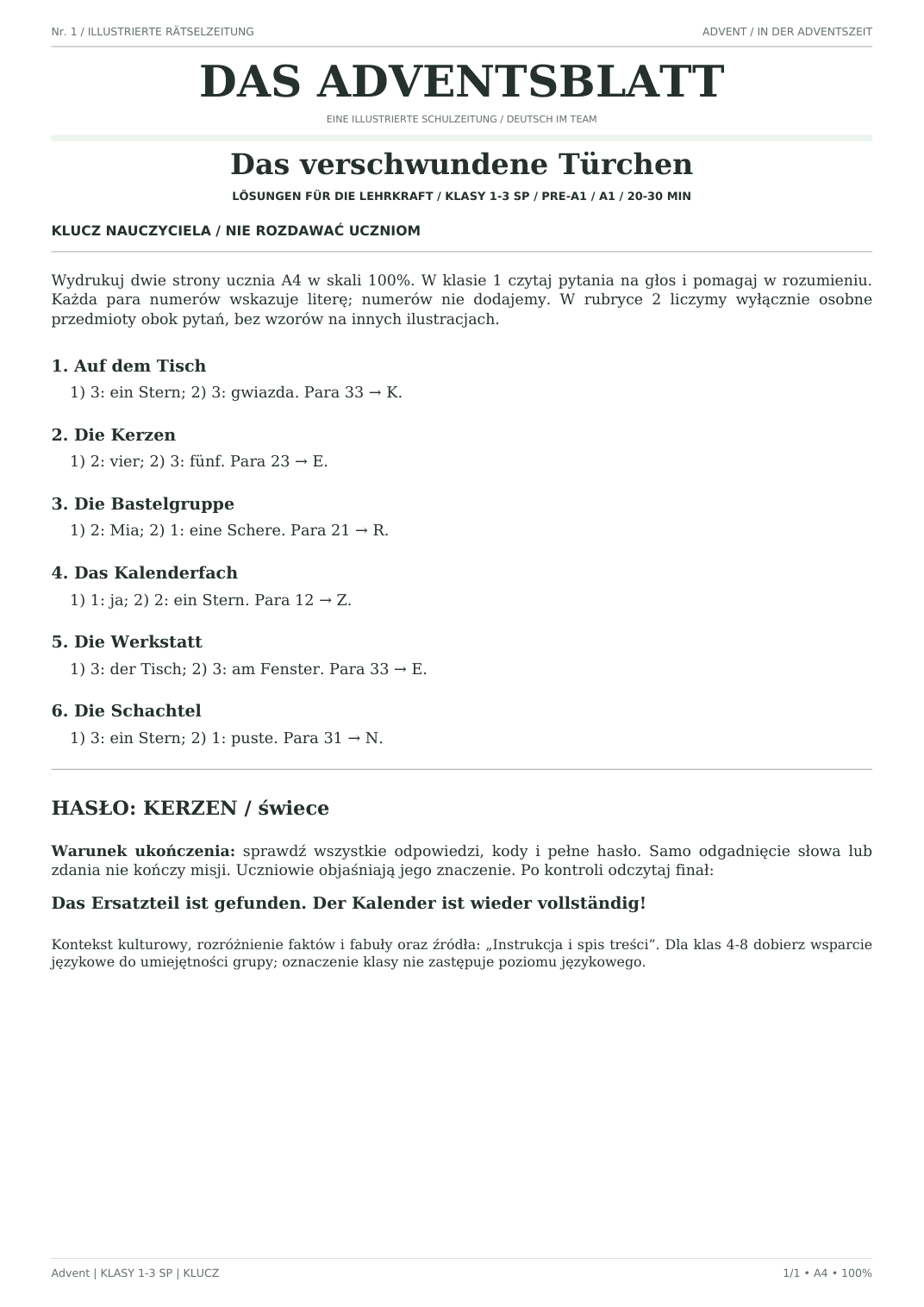 Advent — Das verschwundene Türchen, klasy 1–3, klucz nauczyciela, strona 1 z 1