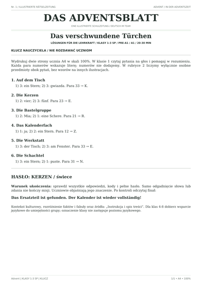 Advent — Das verschwundene Türchen, klasy 1–3, klucz nauczyciela, strona 1 z 1