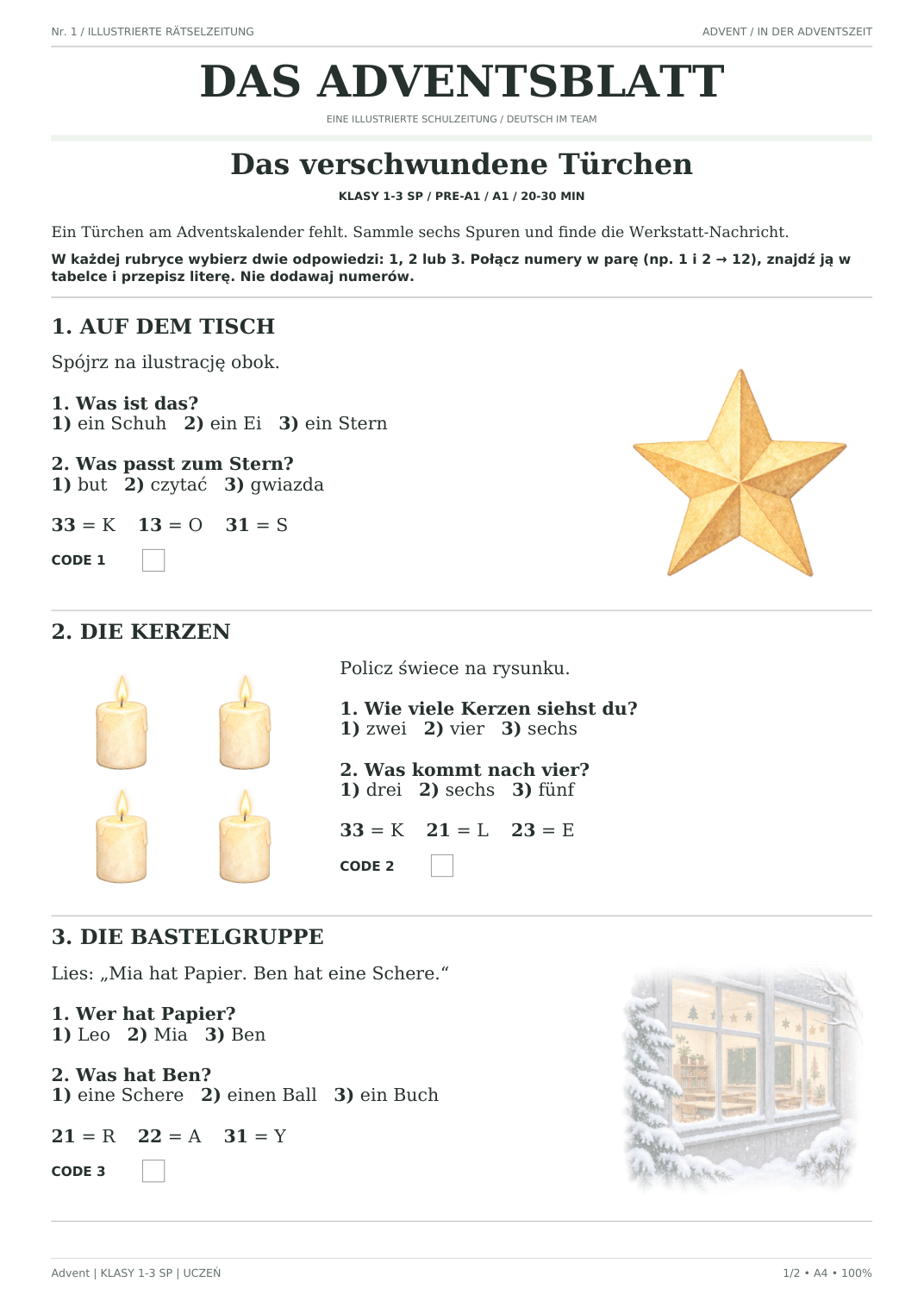 Advent — Das verschwundene Türchen, klasy 1–3, karta ucznia, strona 1 z 2