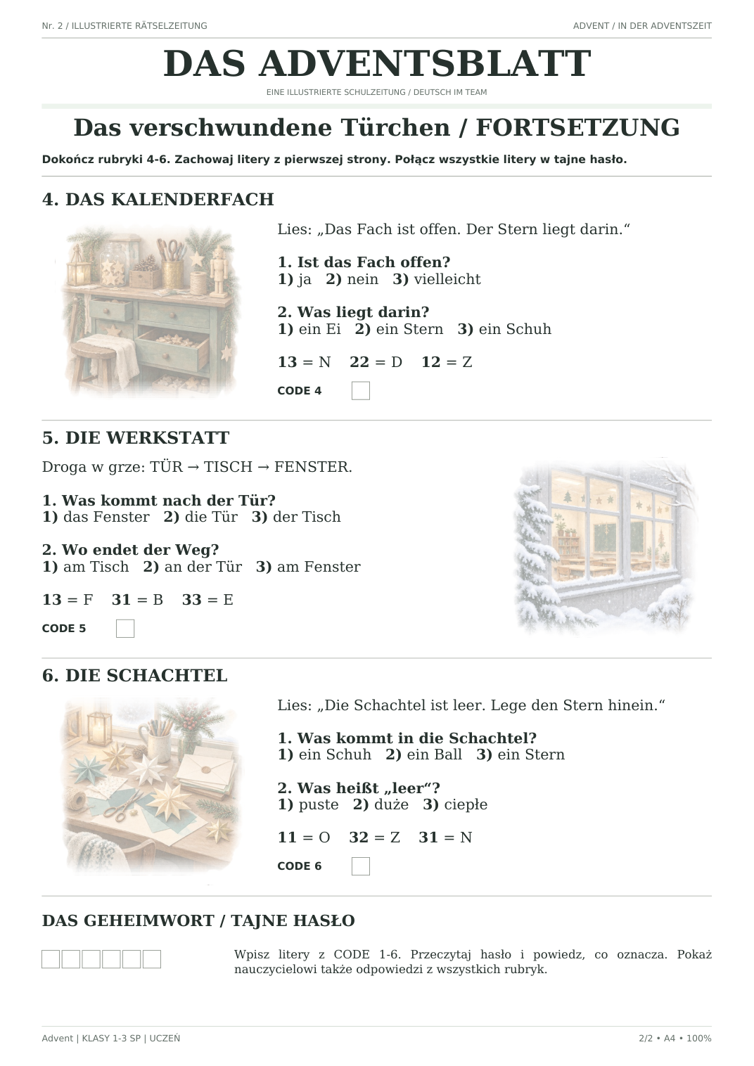 Advent — Das verschwundene Türchen, klasy 1–3, karta ucznia, strona 2 z 2